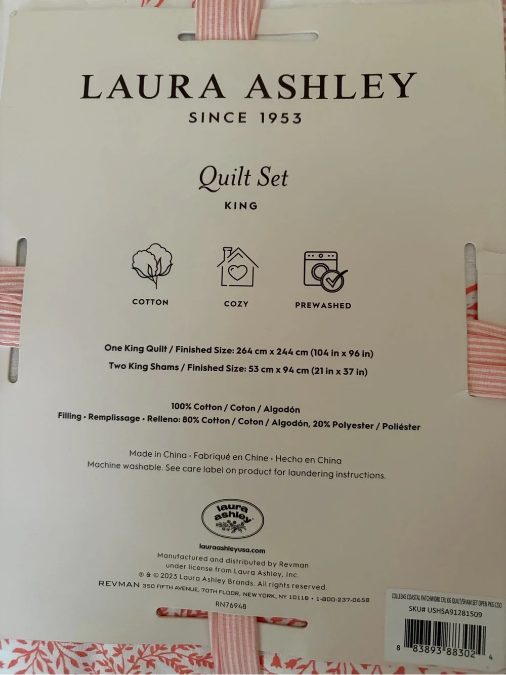 BRAND NEW Laura Ashley Coral and White King Quilt Set with 2 shams